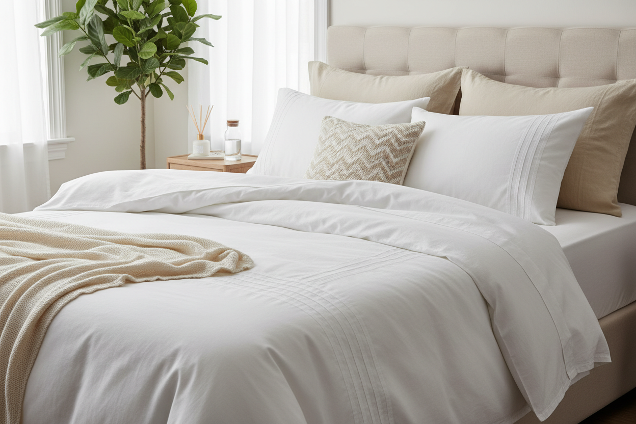 a very comfortable looking bed with thick doona, nice pillows etc